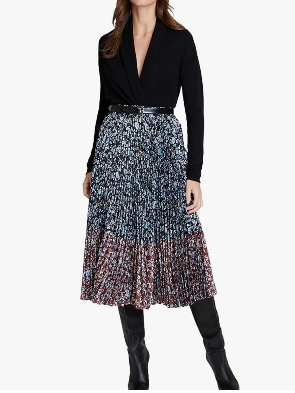 Club Monaco Pleated Midi Skirt in Black, Blue & Brown Floral